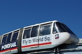 Monorail moving along its tracks at Darling Harbour in Sydney.