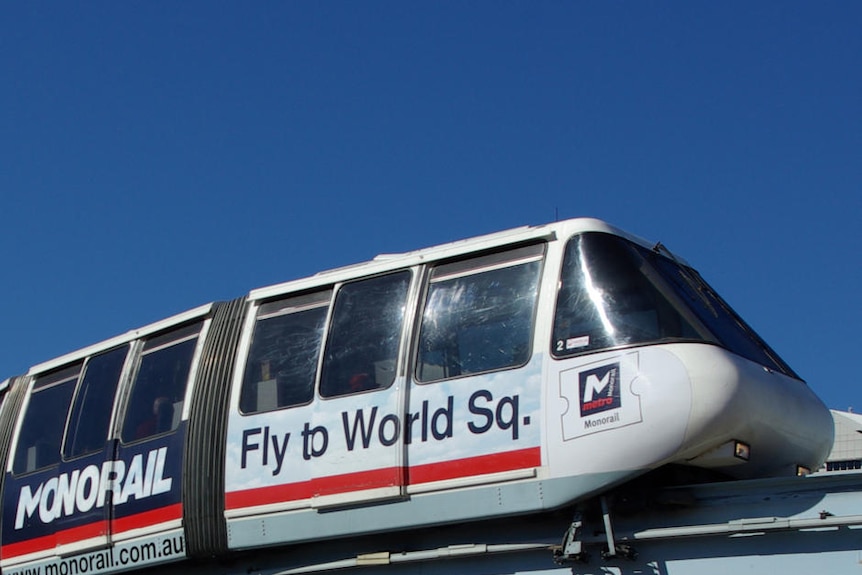 Monorail moving along its tracks at Darling Harbour in Sydney.