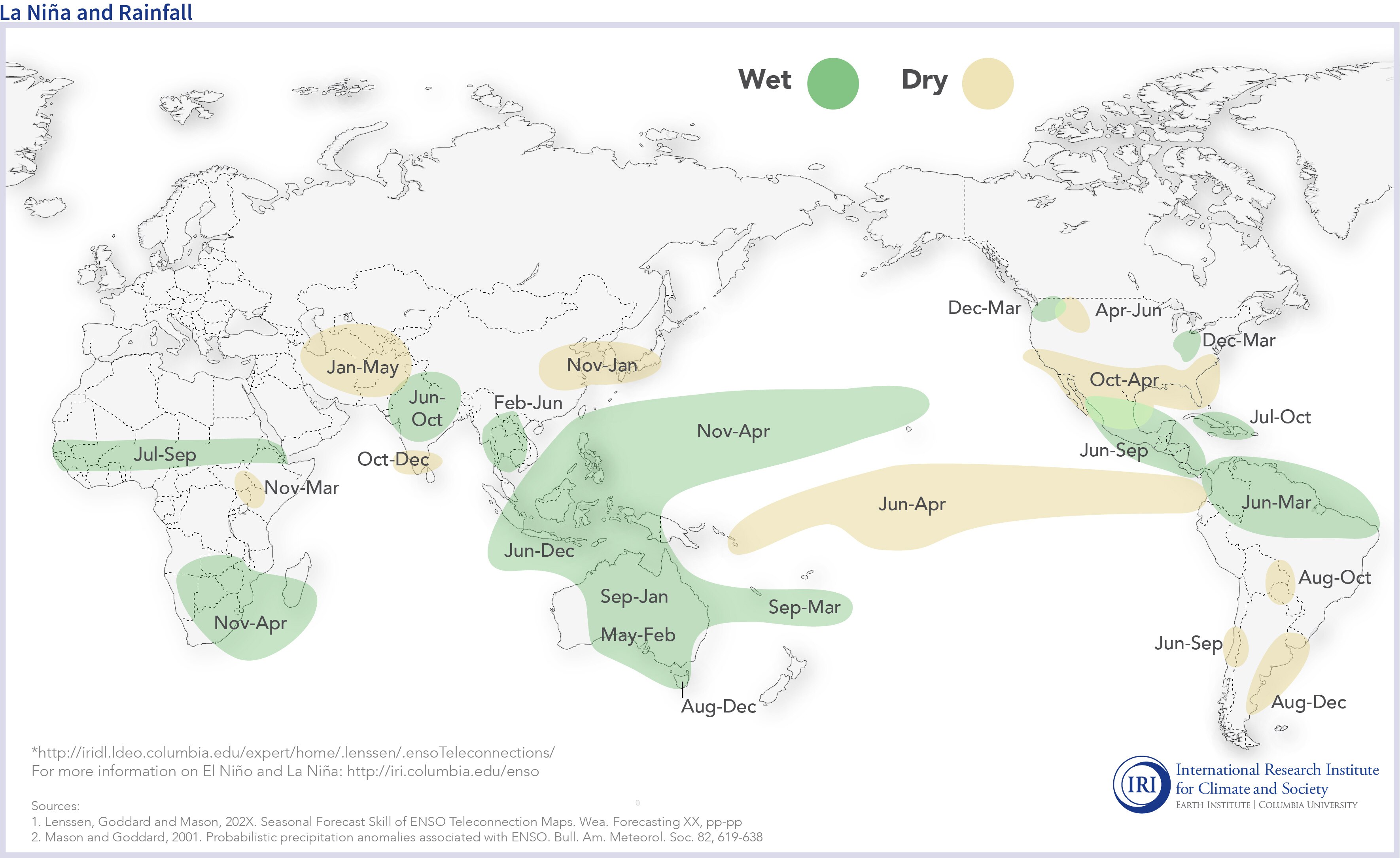 Map showing where La Nina encourages wetter and drier conditions around the world.