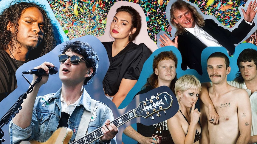Collage of Baker Boy, Vampire Weekend, Thelma Plum, Amyl and the Sniffers, John Farnham