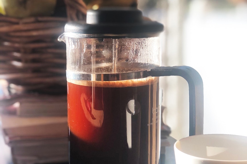 Glass pot of plunger coffee on a bench.