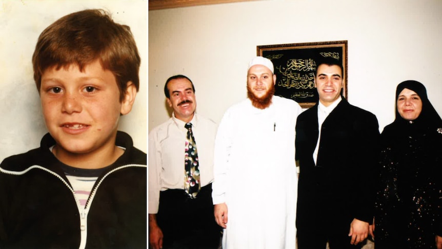 Two photos. One of young boy in blue school uniform and a family photo with Sheikh wearing a white religious robe