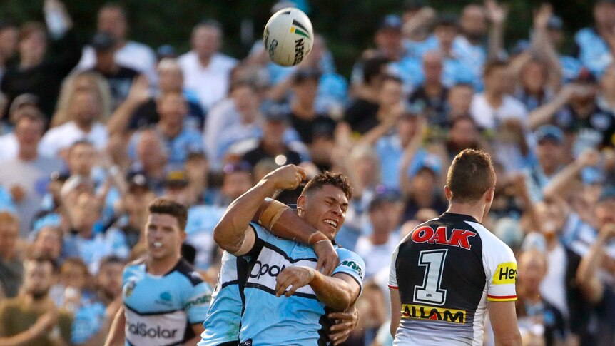 Jesse Ramien of the Sharks reacts after scoring a try against Penrith at Shark Park.
