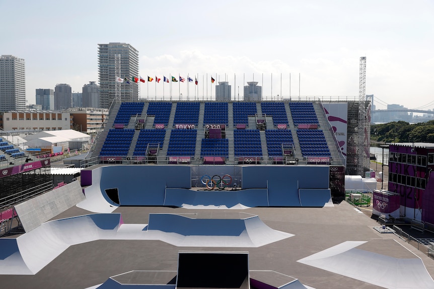 An empty BMX Freestyle course at Ariake Urban Sports Park at the Tokyo 2020 Olympics site.