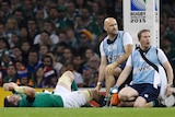Ireland's Peter O'Mahony seen to by trainers at the Rugby World Cup