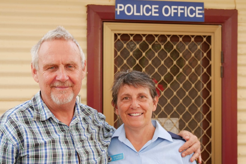 Senior Constable Vicki Shipley and her husband Dirk outside the police office in Tibooburra