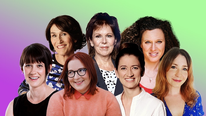 A compiled image of ABC Classic's International Women's Day presenters on a purple and green background.