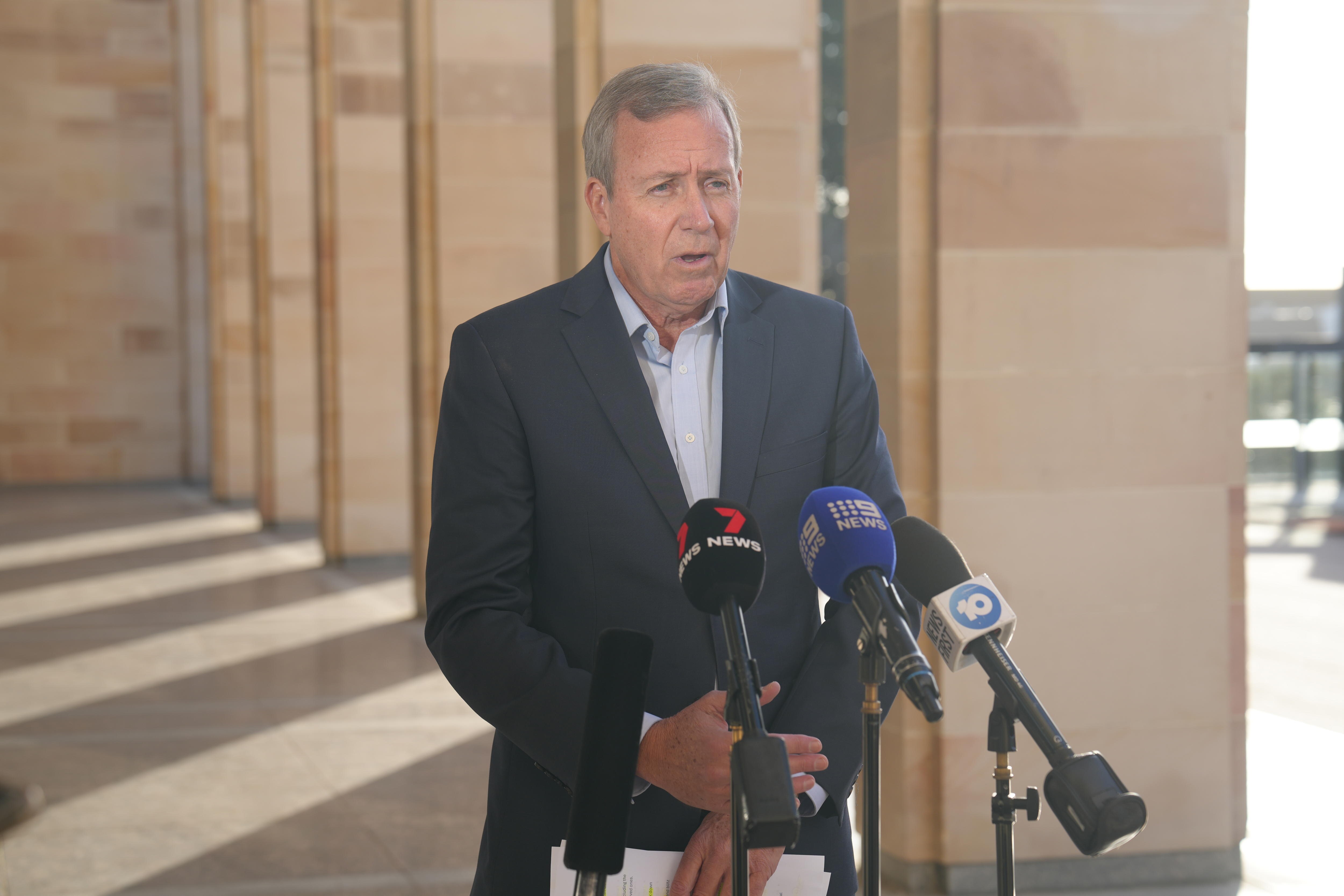 WA government minister Reece Whitby stands speaking in front of microphones. 