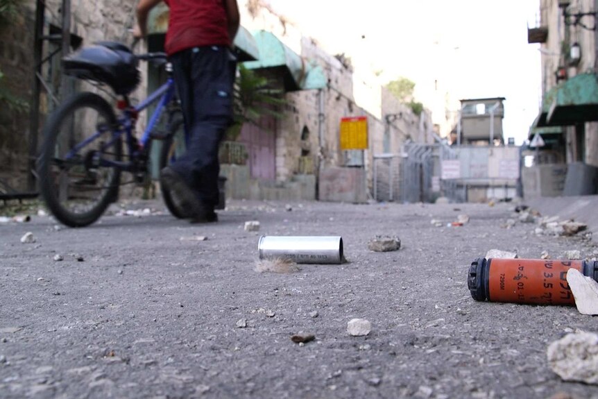 Tear gas canisters litter ground in Hebron