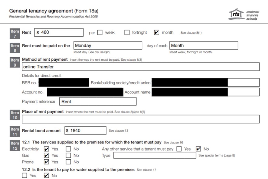 A tenancy agreement shows $460 a month is due in rent.