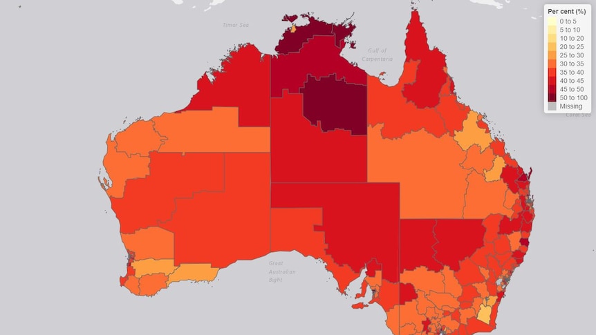 A colour-coded map of Australia showing levels of employment stress after the arrival of COVID-19