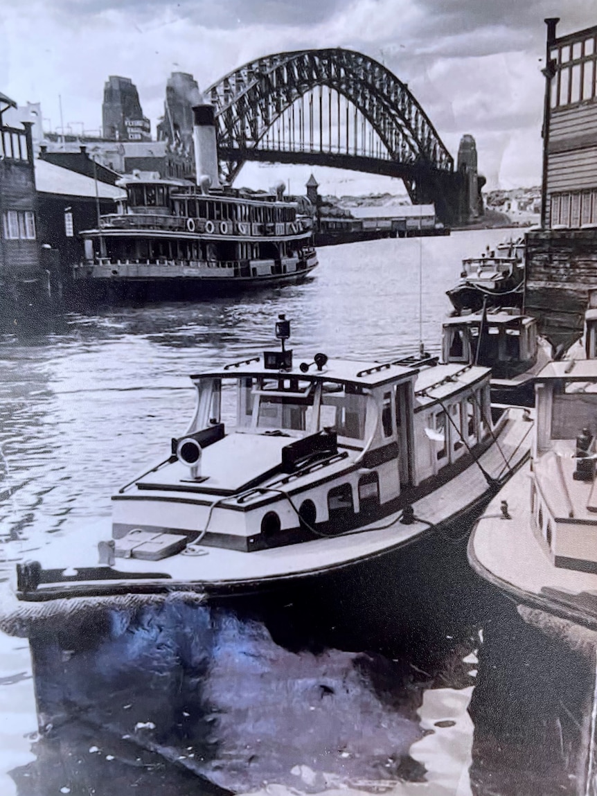 A wooden vessel on Sydney Harbour, with a ferry and the Sydney Harbour Bridge in the background.