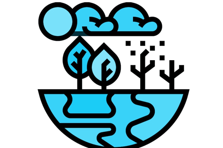 Голубое изображение реки, деревьев и солнца над словами «окружающая среда и изменение климата».