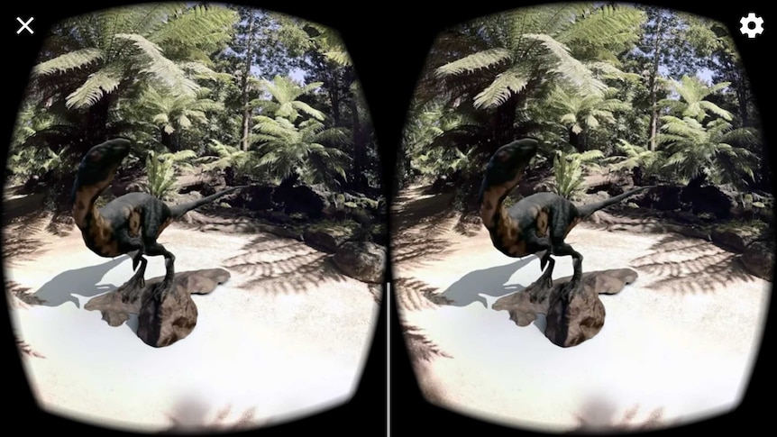 A digital imagining of the Leaellynasaura standing in front of plants as seen through visual reality goggles.