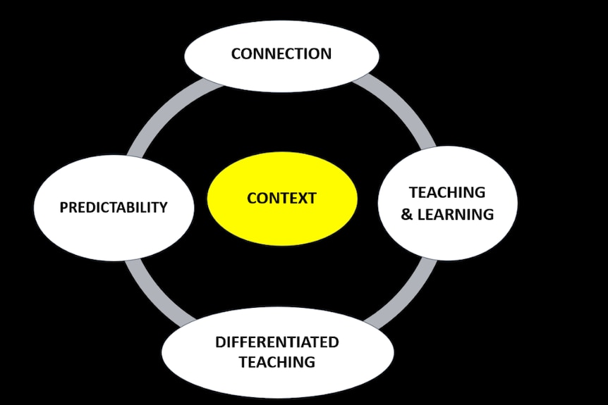 "Context" surrounded by a ring with the words "connection" "teaching & learning" "predictability" and "differentiated teaching"