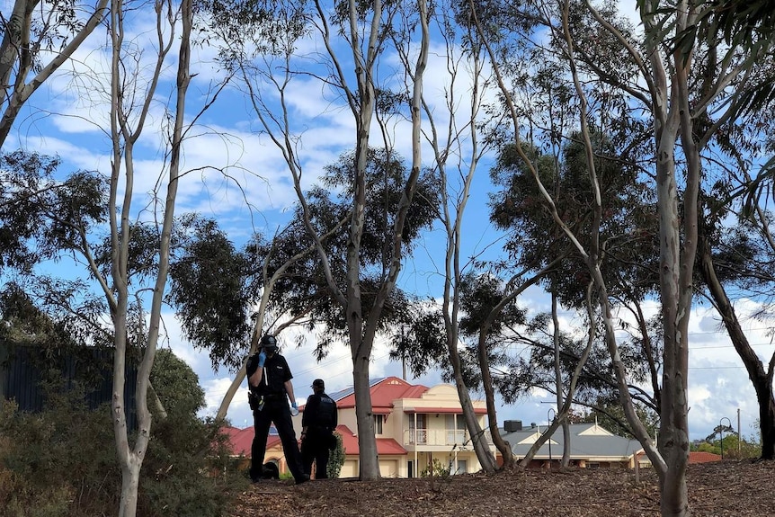 Police with dogs among gum trees