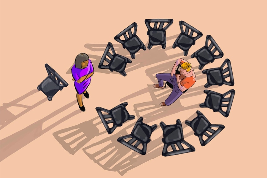 An illustration shows a male and female surrounded by a circle of chairs at a men's behaviour change program.