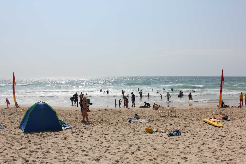 imaged of red and yellow flags on Flynn's Beach, Port Macquarie.