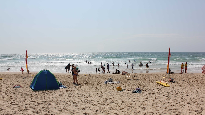 imaged of red and yellow flags on Flynn's Beach, Port Macquarie.