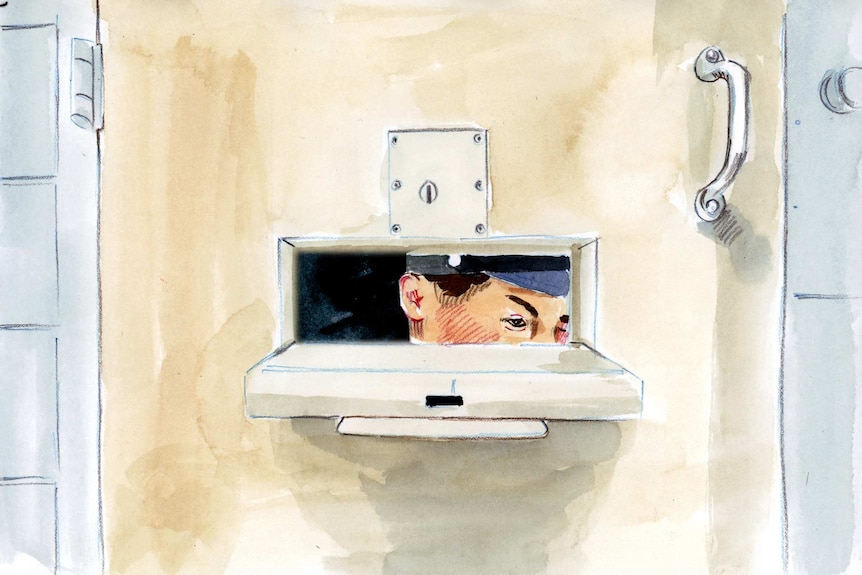 An illustration of a prison guard peering through the slot of a cell door.