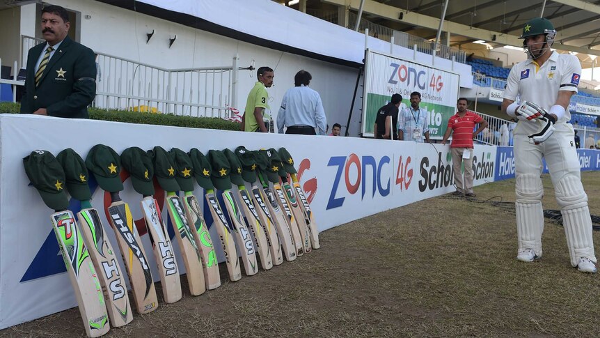 Pakistan players' bats lined up before day two of the Test against New Zealand