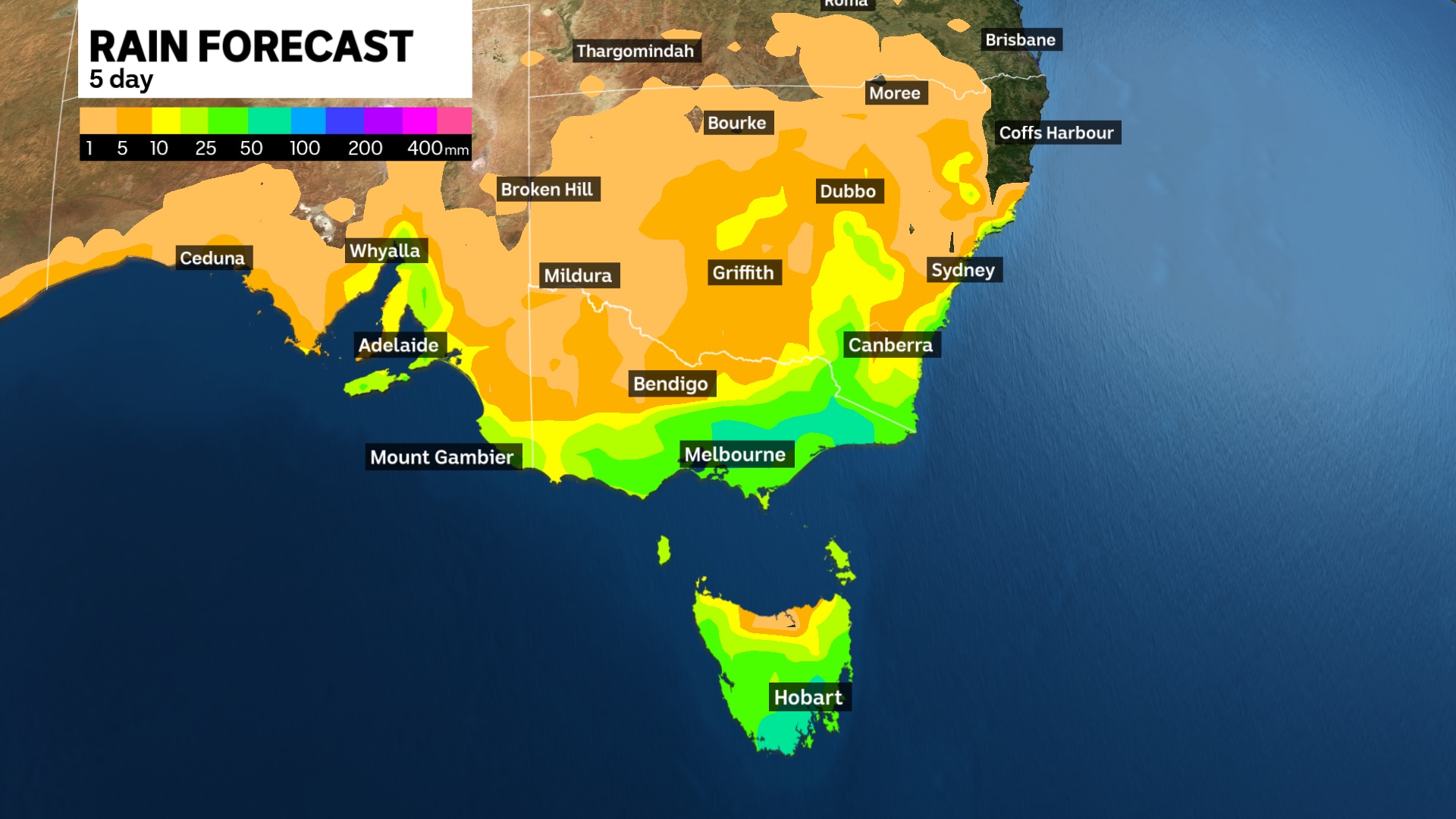 a weather map showing projected rain falls for the southern parts of australia