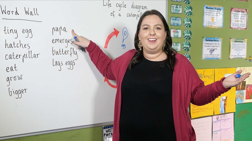 Female teacher points to list of words on whiteboard