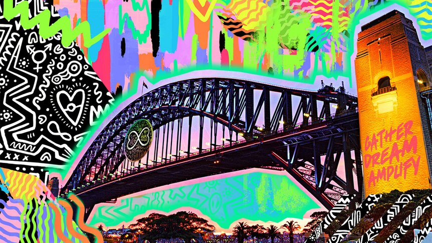 Sydney Harbour Bridge with graffiti styled illustrations overlaid. Gather, Dream Amplify slogan on bridge pillar.