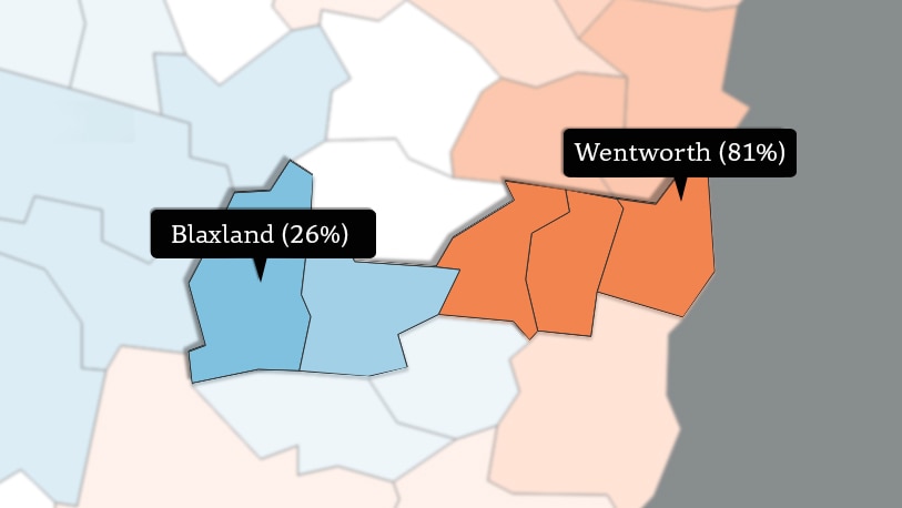 The images shows the strong difference in support for same-sex marriage in close suburbs in Sydney.