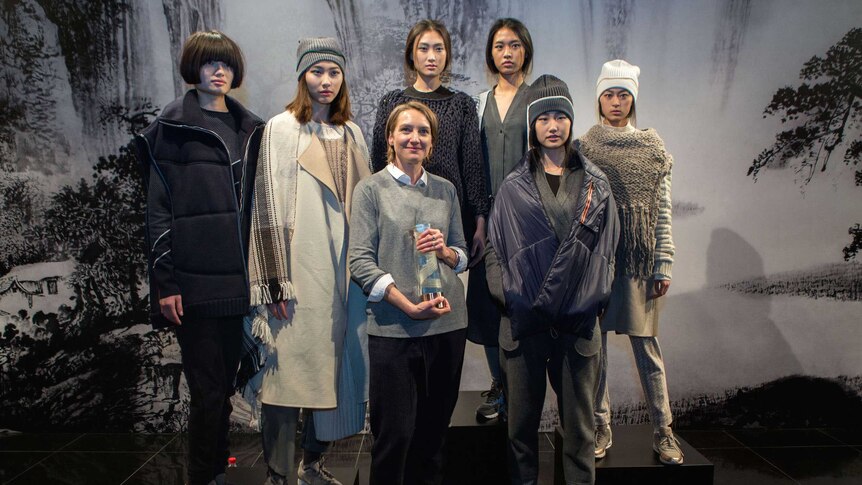 Chinese models wear woollen fashion garments here with designer Marcia Patmos