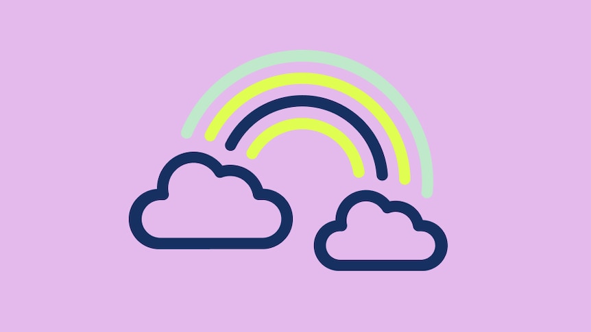 An illustration of a rainbow over some clouds