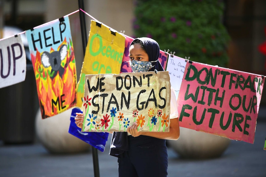 A young girl stands in front of the washing line of signs holding her own, which reads "we don't stan gas"