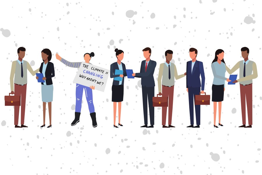 An illustration shows a protestor standing among several business people.