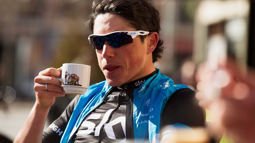 Peter Kennaugh of Team SKY looks on during a cafe stop in Spain