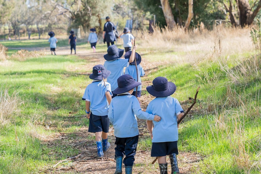 Young Guildford Grammar Preparatory School students in blue uniforms walk away along a bush path with backs turned.