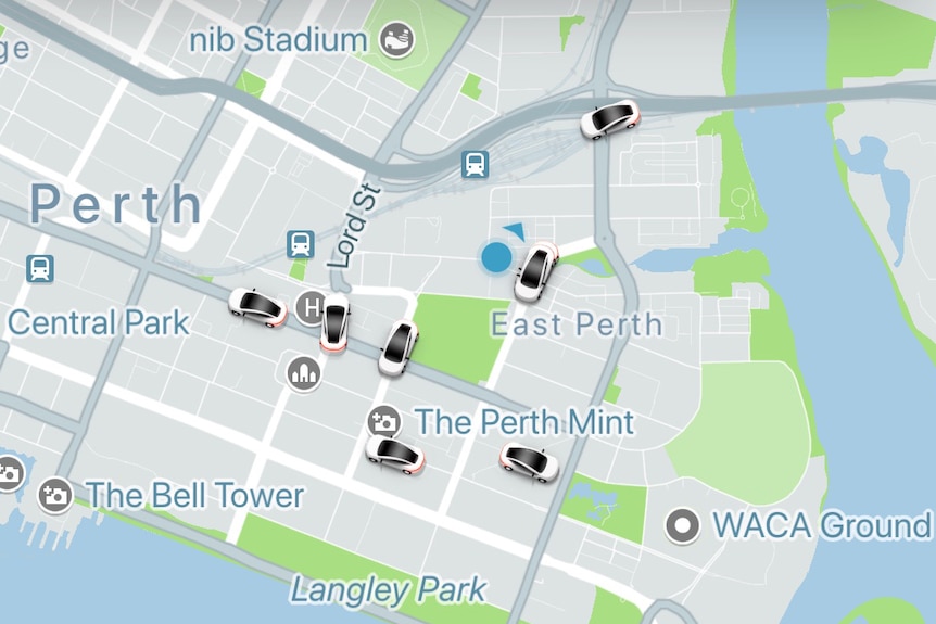 A screenshot from the Uber smartphone app showing available rides in East Perth, represented by cars on a map.