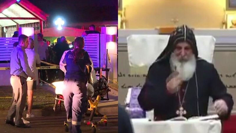 Paramedics with stretcher at night outside of church, and close up picture of bishop