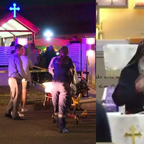 Paramedics with stretcher at night outside of church, and close up picture of bishop