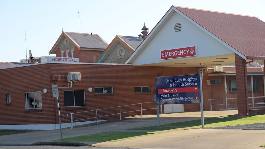 The Emergency department entrance to the red brick single story Deniliquin Hospital 
