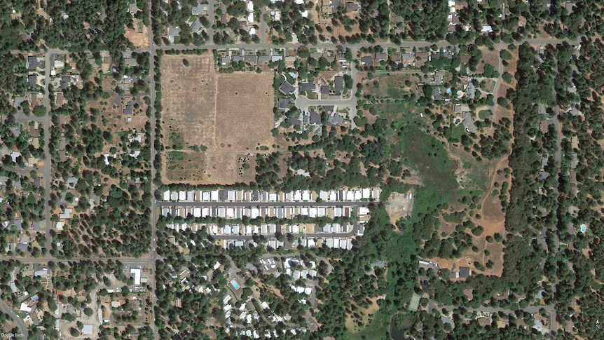 Satellite image shows a mobile home park in Paradise, California.
