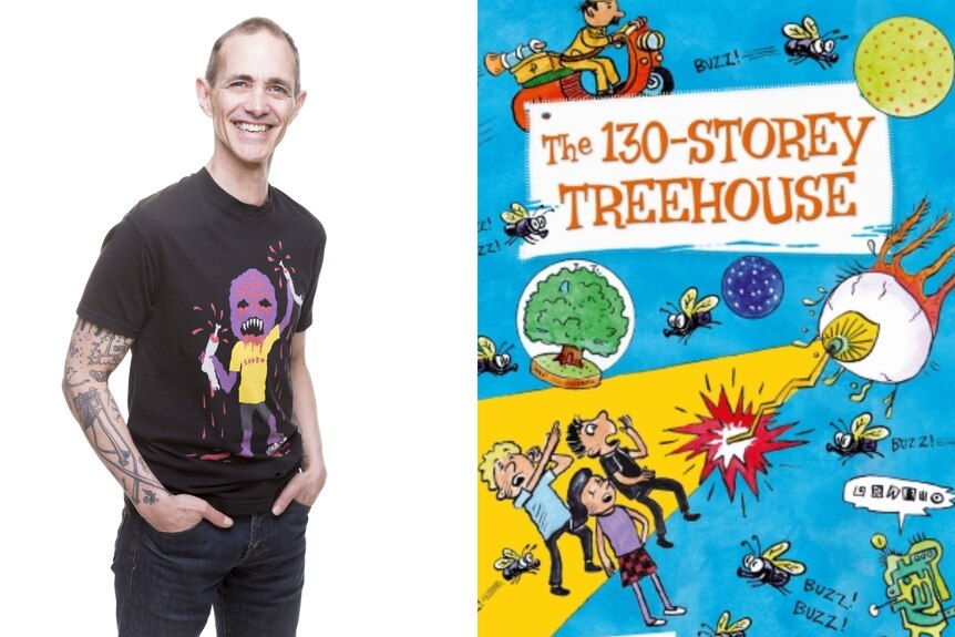 Author Andy Griffiths and the colourful book cover of The 130-Storey Treehouse by Andy Griffiths and Terry Denton.