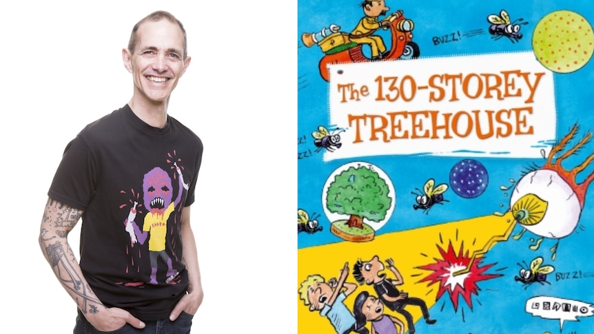 Author Andy Griffiths and the colourful book cover of The 130-Storey Treehouse by Andy Griffiths and Terry Denton.