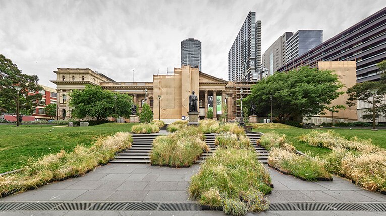 Patches of native grass dot the stone steps leading up to the sandstone library building.