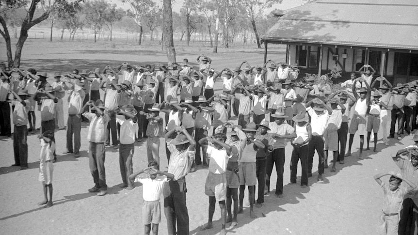 Residents of Bungarun, or the Derby Leprosarium doing their morning exercised in 1948.