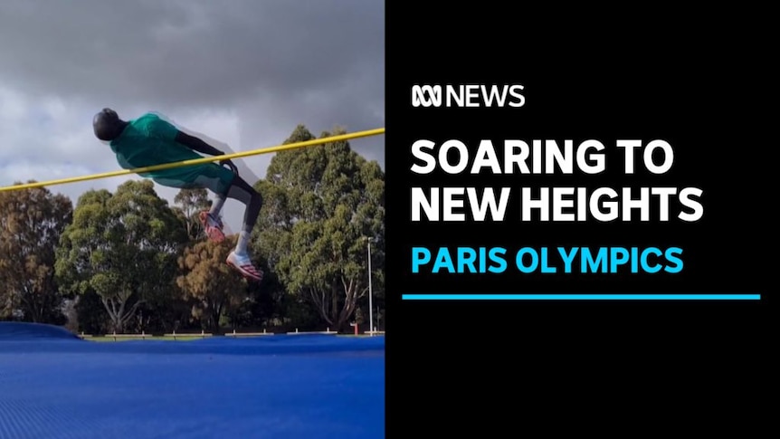 Soaring to New Heights, Paris Olympics: An athlete mid-air over a high jump pole.