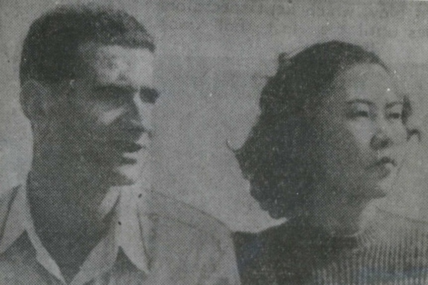 A black and white photo of Frank Weaver and Sachiko Kitagawa.