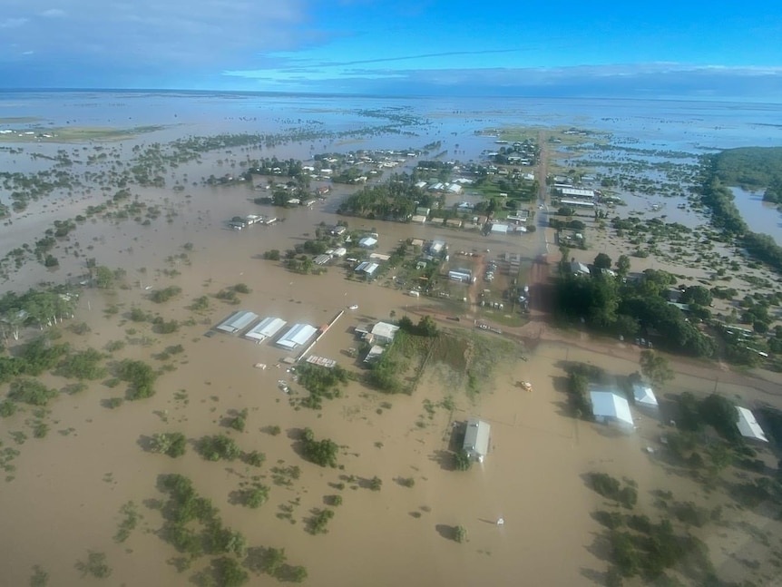 An aerial view of flooded outback town