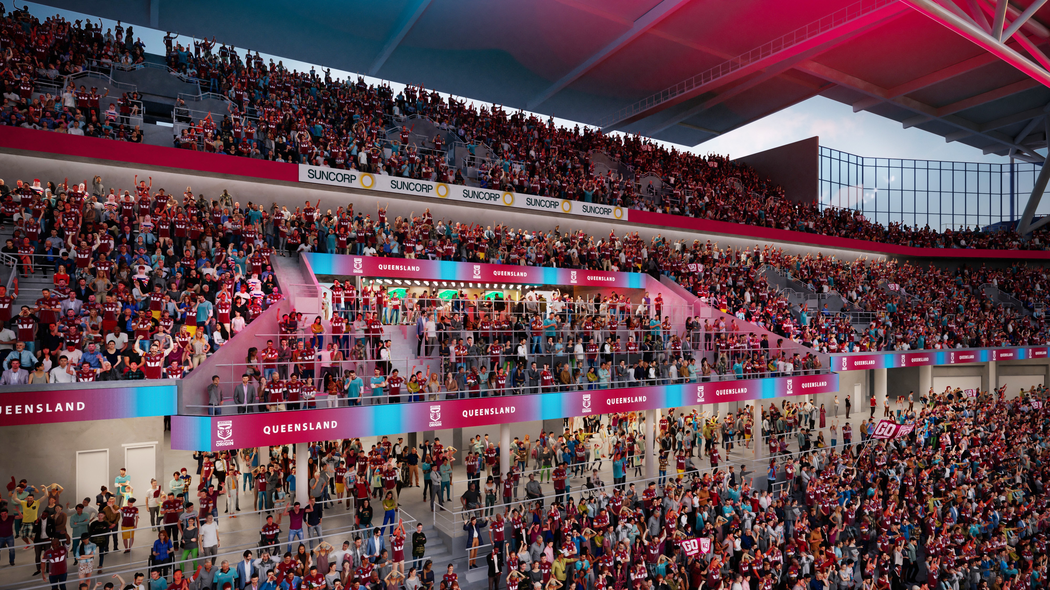 A rendered image of multiple tiers of stadium seating. 