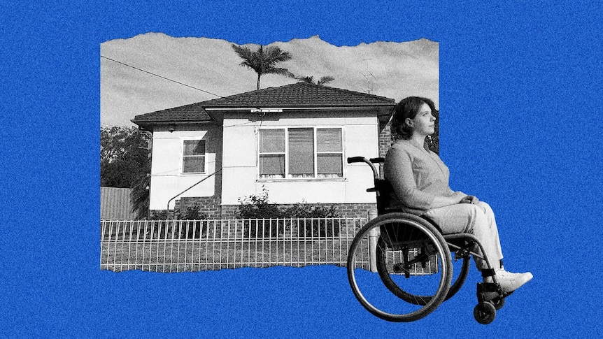 Collage of black and white photos with coral background and fiber house and woman in wheelchair.