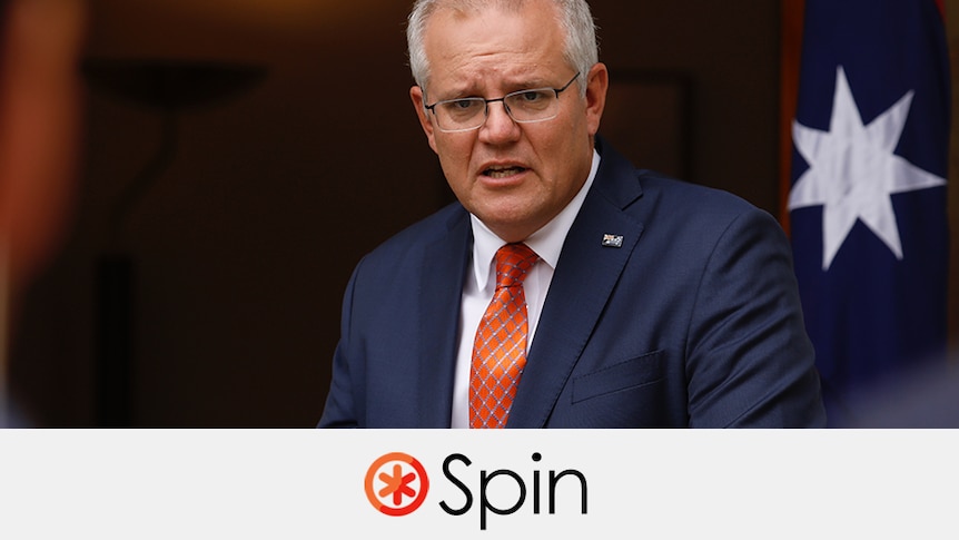 Scott Morrison speaking. The word "spin" is overlayed underneath with a half red half orange asterisk